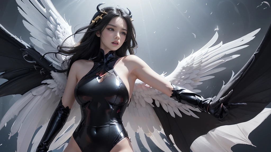 emphasis on wings, wings on shoulder, Angel wings and devil wings, white wings and black wings, (Realistic picture, highest resolution, 16ก), (A demon god with wide wings and enormous power on his shoulders..., Twelve wings on the shoulders., black bat wings:1.3 white angel wings:1.5), 6 angel wings, 6 devil wings, (Beautiful girl with two meter long hair, shiny black hairงาม, Smooth white skin, Lips are very red.), ((stand, already)), (big breasts, หัวBig tits), (gigantic breast, breast augmentation, Breast 400 cc., small waist, hips raised, small thighs, Long legs), (dynamic poses), (Armor that slightly conceals the body), Separate theme, (Angel wings and devil wings), floating in the air above the groundดิน, background darkness, Embraced with twelve wings, The horns that grow from the head are like a crown., He who has light, wears little armor, There is power coming out of the body., sparkling wings, white light black light, amazing wings, beautiful gesture, 8K resolution, Resolution 4000 x 2250 pixels, beautiful gesture, Angel wings and devil wings, (Realistic picture, highest resolution, 16K), (A demon god with wide wings and enormous power on his shoulders.., Twelve wings on the shoulders., black bat wings:1.3 white angel wings:1.5), Angel wings and devil wings, white wings and black wings,, Have wings 100 Have wings 1000, Angel wings and bat wings, wings inserted between wings, 12 wings, 6 angel wings, 6 bat wings, Angel wings and devil wings, white wings and black wings,, (Beautiful girl with two meter long hair, shiny black hair, Smooth white skin, Lips are very red.), very long hair, ((stand, toe)), (big breastsโต, หัวBig tits), (gigantic breast, small waist, hips raised, small thighs, Long legs), (dynamic poses), (black and white leotard, There are beautiful patterns., Decorated with gold embroidery., Show off your chest), Separate theme, (Angel Wings and Demon Lord Wings), floating in the air above the ground, background darkness, Embraced with twelve wings, He is white and black., A rainbow glow on the back of the head, The most busty breasts, Big tits, universe backdrop, dynamic gesture, Drive the skin, Smooth white skin, (The wings are in layers, alternating with white, alternating with black. The wings are alternating with layers of white, alternating with layers of black, and alternating again.), golden pattern set, 