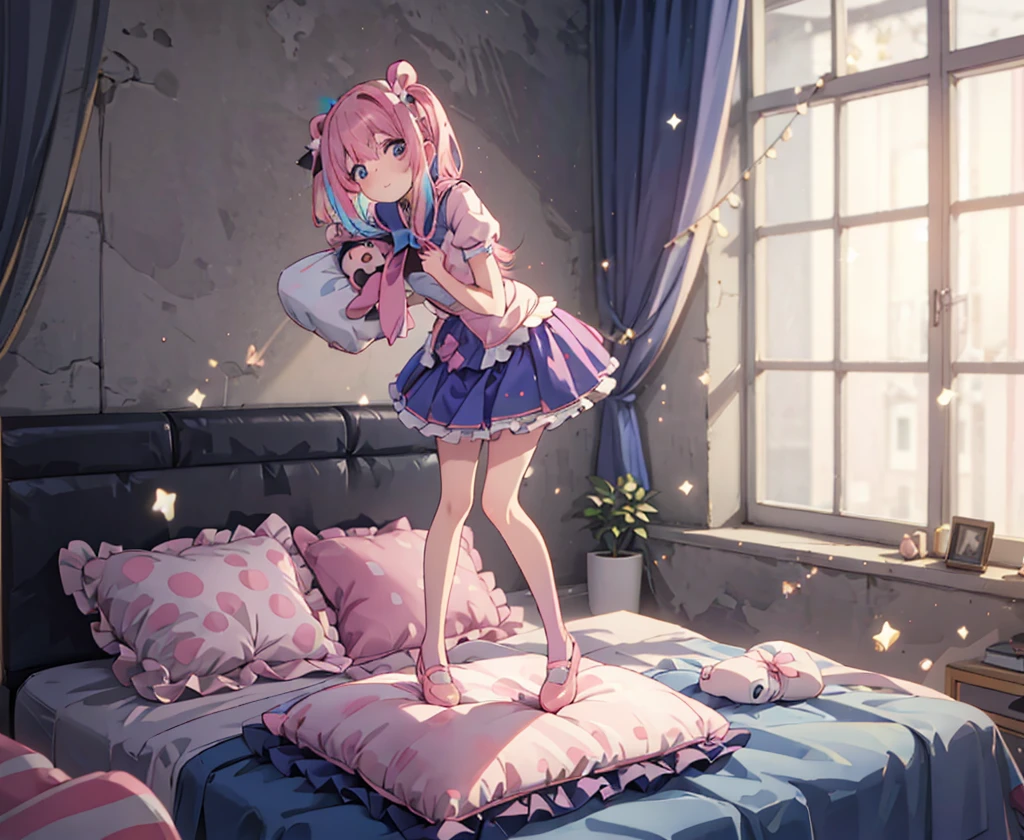 （best quality， masterpiece），full body, 1 girl, solo, mine ,nsfw, details, (Light and shadow oxtail , Cute girl posing on pillow ，standing on pillow，，（pillow), large pillow, (((colorful))), color correction, pink hair, frilled pillow,pink pillow, (((pink polkadot pillow))), (((blue uniform))), (((white skirt))), stocking, brown shoes, hugging pillow, 1 pillow