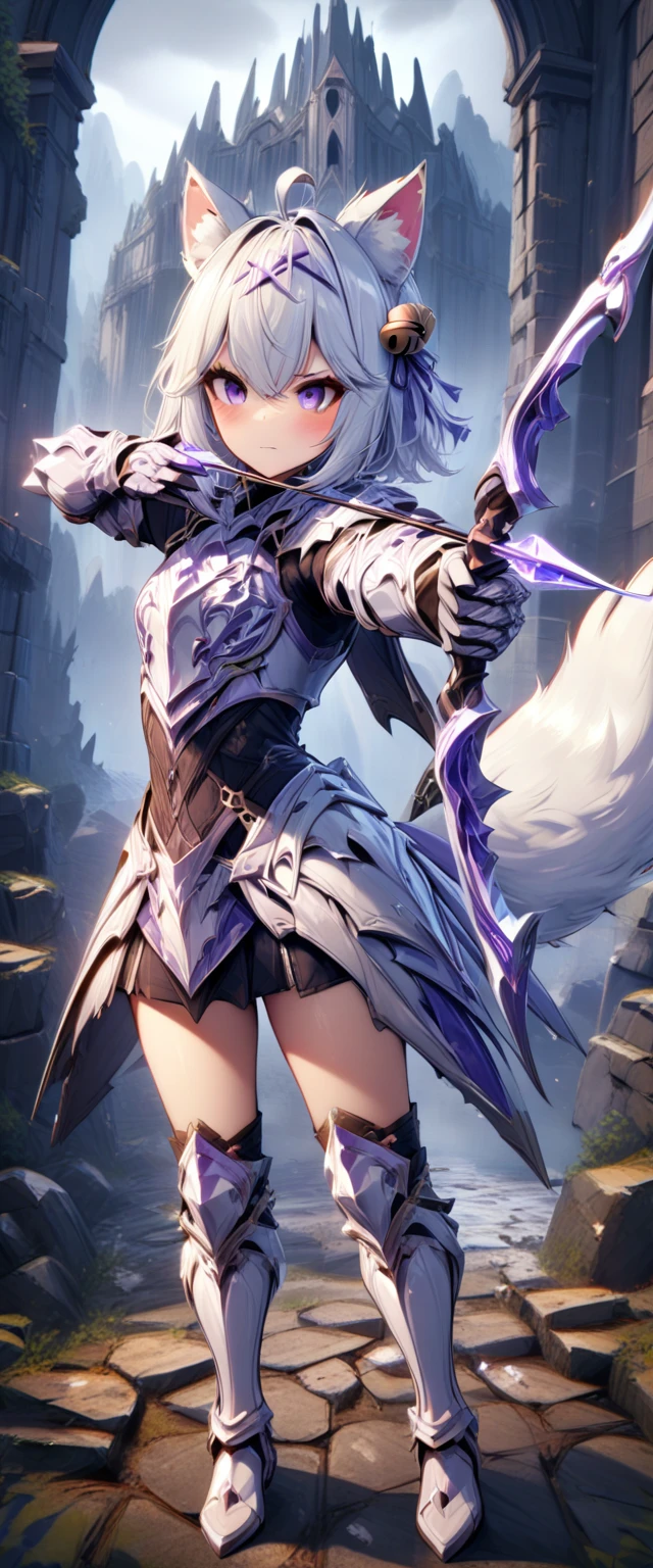 UHD, masterpiece, best quality, extremely detailed, anatomically correct, sharp focus, gloomy atmosphere, soft light, diffused light, shade, battlefield background, broken castle, broken walls, broken floors, 1girl, full body shot, Filian, FilianOverall, fluffy fox tail, small cat ears, white hair, short hair, ahoge, purple hair ornament, purple hairclip, hair bell, big eyes, deep violet eyes, blush, closed mouth, slight smile, white knight's armor, white breastplate, white gauntlet, slim arms, holding a bow, aiming an arrow, white armored skirt, slim legs, white leg armor, white greaves, white armored boots, full body pose
