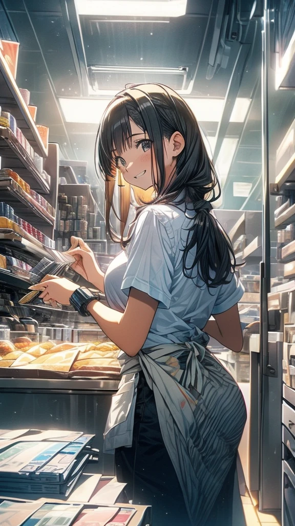 young woman,Facing forward,smile,((Standing inside the cash register)),Touching the cash register machine,Customer Service,((There is a cash register on the table)),(Scanning product barcodes at the cash register)),Supermarket clerk,Wearing an apron,((Working as a cashier)),((Cashier)),((cashier,register,)),((Receive money from customers)),There are products on the shelves,In the supermarket,Bright interior