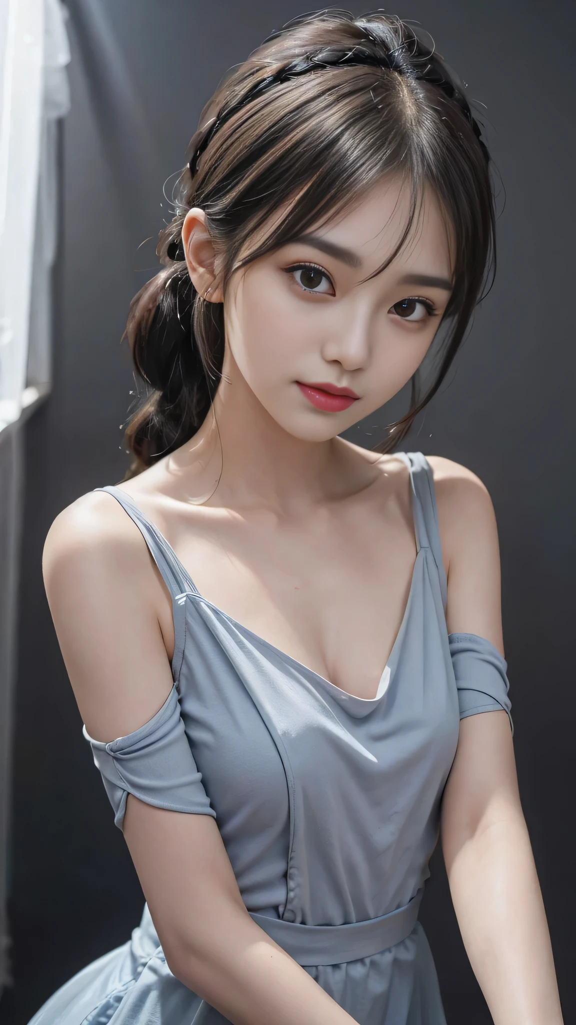 Bust Shot,Commercials for luxury cosmetics style,Commercial filming studio,The background is all gray,The Skyblue dress features a sleeveless, Ruffled Dresses with a decorative ribbon,The background is all gray,The highest image quality, High quality, the background is clear,Beautiful woman, Japanese,Ultra-detailed, finely detail, hight resolution, 8k Wallpaper, Perfect dynamic composition, Beautiful detailed eyes , Detailed, Detailed eyes, Detailed skin, Beautiful skin, 超hight resolution, (reality: 1.4),Very beautiful woman, Slightly younger face, Beautiful skin, Slender, (Ultra photo realsisim), (hight resolution), (8k), (Very detailed) (beautifully detailed eyes), (super detailed), (Detailed face), view the viewer, Fine details, Detailed face, Staring straight ahead, Staring straight ahead, photos realistic, Bright lighting, Professional Lighting, Black hair,poneyTail,a baby face,sixteen years old,Hairstyle: ponytail,Long ponytail hairstyle,slight smile,Beautiful Japanese KPOP idol photo, hair style is ponytail, my eyes are double and wide, baby face, smile and look straight ahead, Slender, small breasts,