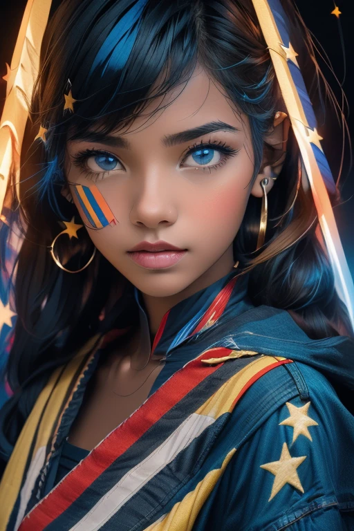 women, flag (yellow stripe above, blue stripe with stars and red stripe below), brown skin, straight hair, artwork, lightning