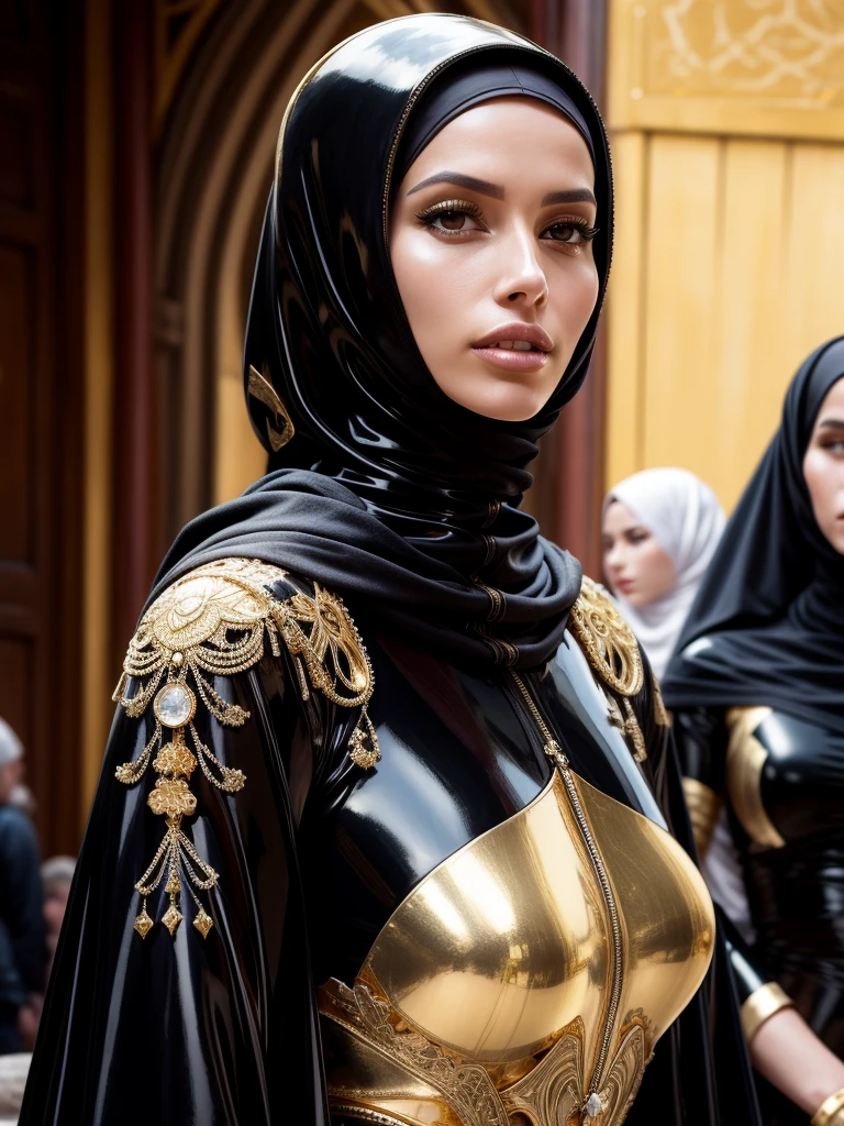 gorgeous woman, professional, (4k photo) by (Jeremy Lipking:0.3), (Dittmann Anna:0.3), (Arian Mark:0.3), (Sharp focus:1.3), (beautiful woman:1.3), wearing (latex hijab, latex abaya with intricate gold details:1.2), perfect make-up, striking, mesmerizing eyes, beautiful detailed face, praying in an arabian medieval marketplace in front of mistress