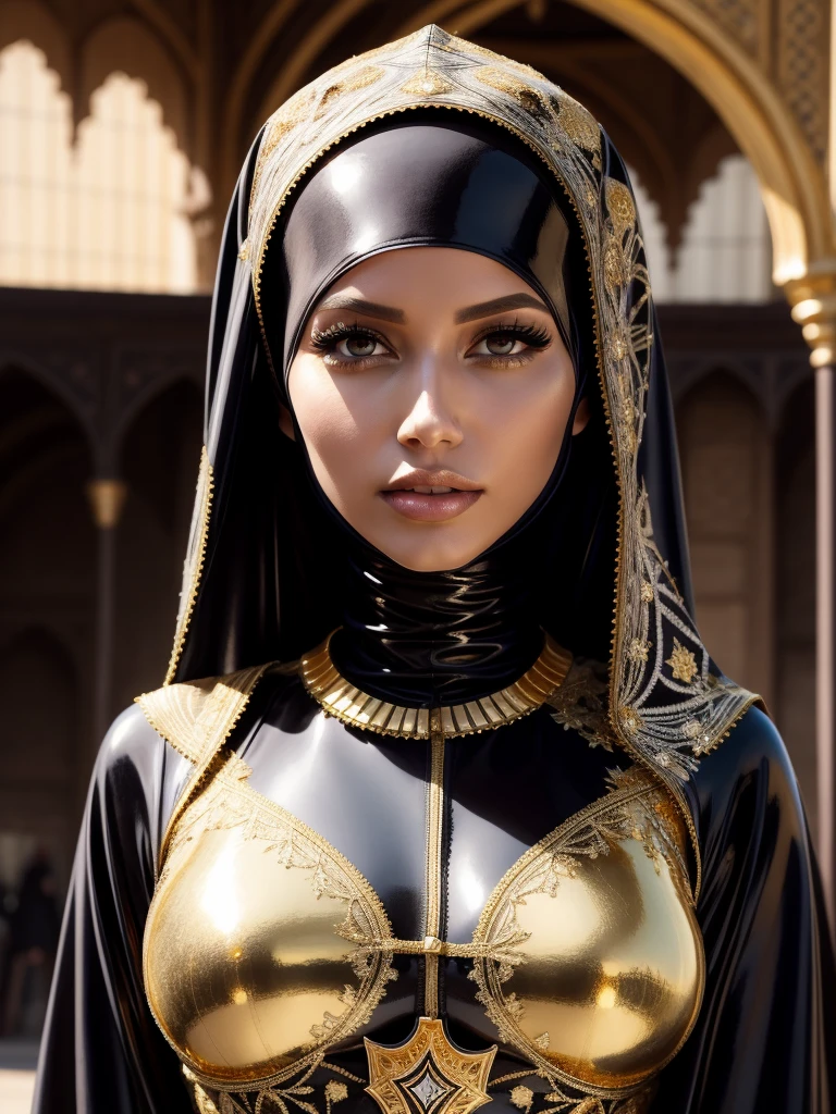 gorgeous woman, professional, (4k photo) by (Jeremy Lipking:0.3), (Dittmann Anna:0.3), (Arian Mark:0.3), (Sharp focus:1.3), (beautiful woman:1.3), wearing (latex hijab, latex abaya with intricate gold details:1.2), perfect make-up, striking, mesmerizing eyes, beautiful detailed face, praying in an arabian medieval marketplace in front of mistress