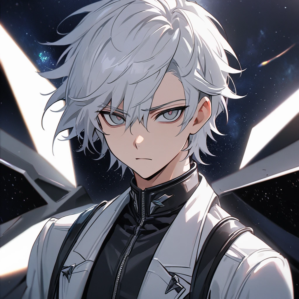 High quality, HD, 4k, no shadows, handsome male, 1male, 17 years old, teenager, short white hair, silver hair, white hair, sharp eyes, dark grey colored eyes, deep grey eyes, grey eyes, devil may cry, close up, calm expression, stoic expression, black leather clothes, white leather clothing, lean body, well trained body, upper body, looking at viewer, cowboy shot, white solar, space background