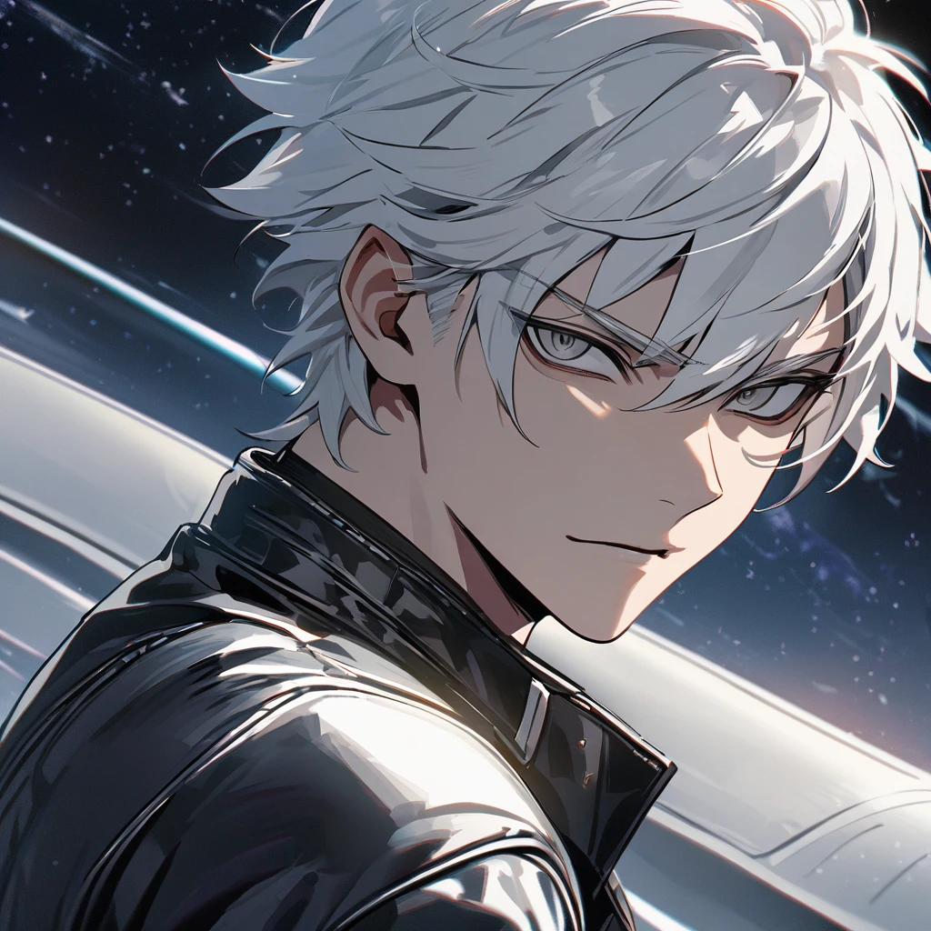 High quality, HD, 4k, no shadows, handsome male, 1male, 17 years old, teenager, short white hair, silver hair, white hair, sharp eyes, dark grey colored eyes, deep grey eyes, grey eyes, devil may cry, close up, calm expression, stoic expression, black leather clothes, white leather clothing, lean body, well trained body, upper body, looking at viewer, cowboy shot, white solar, space background