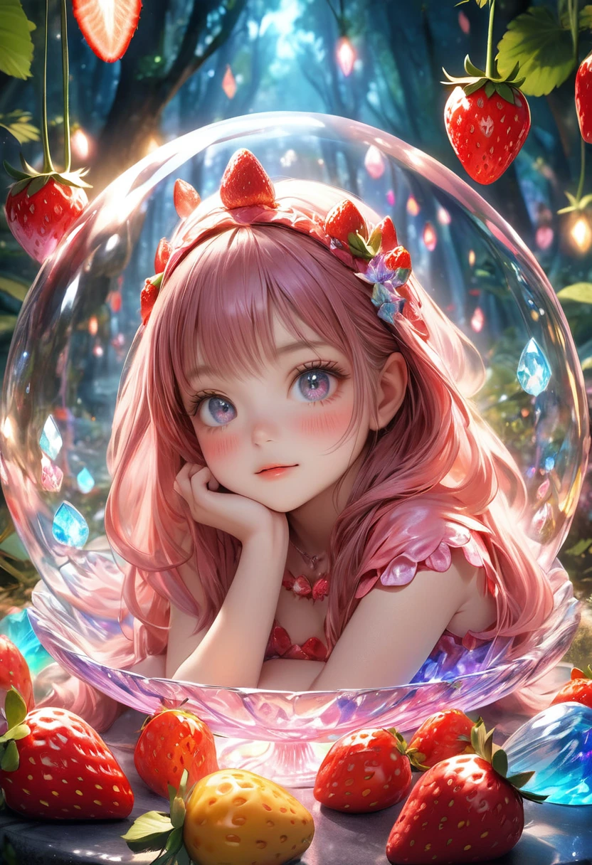 a cute red strawberry girl, 1girl, detailed face and eyes, colorful strawberry costume, sitting on a crystal dish in a fantasy forest, glowing lights, bright colors, magical atmosphere, blushed cheek, beautiful cute face and eyes, beautiful delicate longeyelash, (highest quality,16k,highres,masterpiece:1.2),ultra-detailed,hyper-realistic,photorealistic,photo-realistic:1.37,fantasy,fairytale,vibrant colors,warm lighting