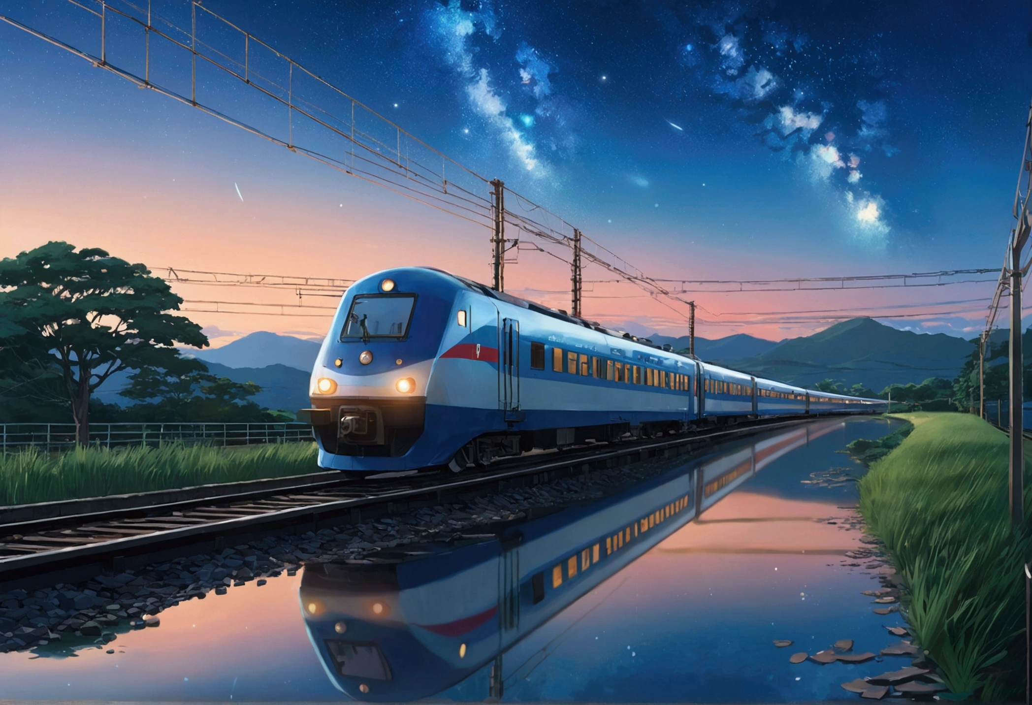 Masterpiece, Anime train passing through bodies of water on tracks, Bright starry sky. Romantic train, Makoto Shinkai's picture, Pisif, concept-art, Lofi art style, Reflection. By Makoto Shinkai, Lofi art, beautiful anime scenes, Anime landscape, Detailed scenery —width 672, in the style of makoto shinkai, Makoto Shinkai's style, Enhanced detail.