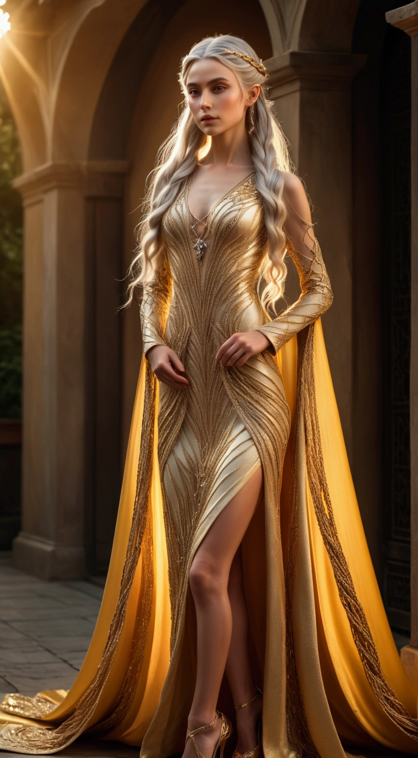 image of a {1elven stunning pose, standing elegant still, photo_model pose, bright shining golden haute couture royal regalia robe, perfect proportional anatomy, girl with high heels, silver long hair, multi braid hair, bright shining dress, UHD, intricate detailed, 8k, best quality ever, masterpiece, super detailed, unleashed creativity, beyond imagination, dramatic light, gradient motion color background}, rough, massive bright shining golden light all over the background, weathered and textured, slow shutter speed motion photography, shot on Fuji Film XT4 camera f/1.5. ISO 200