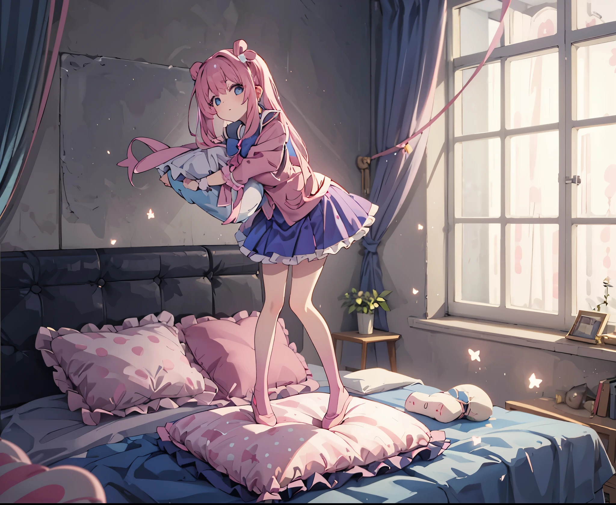 （best quality， masterpiece），full body, 1 girl, solo, mine ,nsfw, details, (Light and shadow oxtail , Cute girl posing on pillow ，standing on pillow，，（pillow), large pillow, (((colorful))), color correction, pink hair, frilled pillow,pink pillow, (((pink polkadot pillow))), (((blue uniform))), (((white skirt))), stocking, brown shoes, hugging pillow, 1 pillow