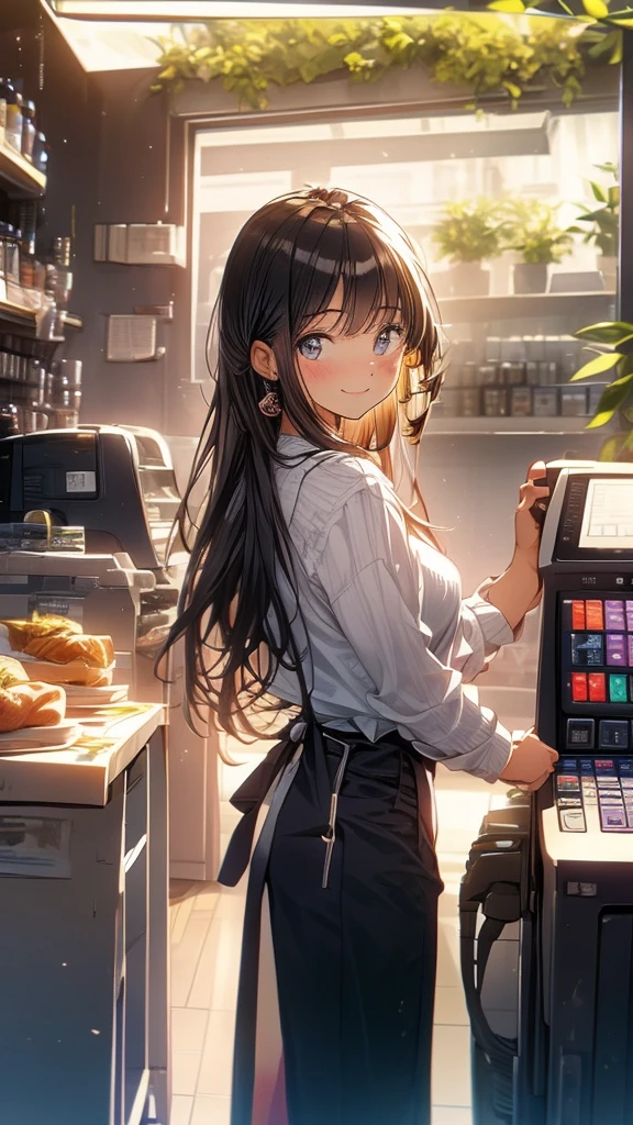 young woman,Facing forward,smile,((Standing inside the cash register)),Touching the cash register machine,Customer Service,((There is a cash register on the table)),(Scanning product barcodes at the cash register)),Supermarket clerk,Wearing an apron,((Working as a cashier)),((Cashier)),((cashier,register,)),((Receive money from customers)),There are products on the shelves,In the supermarket,Bright interior