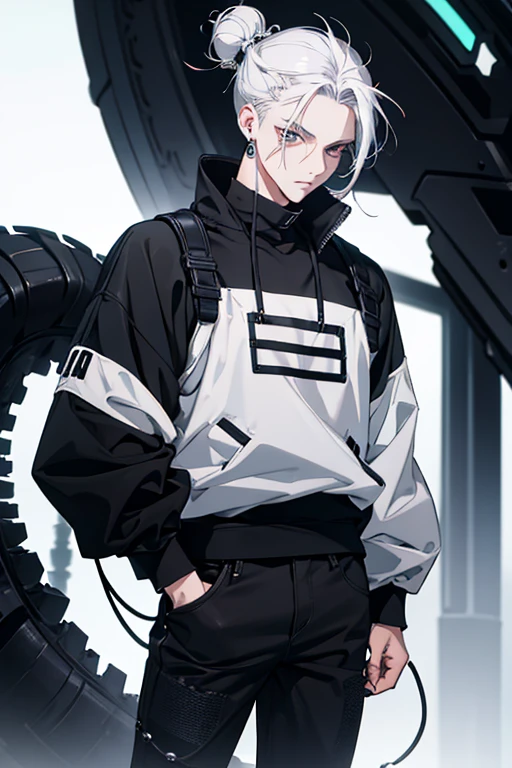 Anime man gradient young white hair low on shaved sides turns hair bun to the left side in the middle serious face with black earrings black sweatshirt Speed jeans futuristic clothes black dark circles under his eyes big black hair big brown hair extremely futuristic clothes futuristic clothes futuristic sweatshirt black skinny jeans male