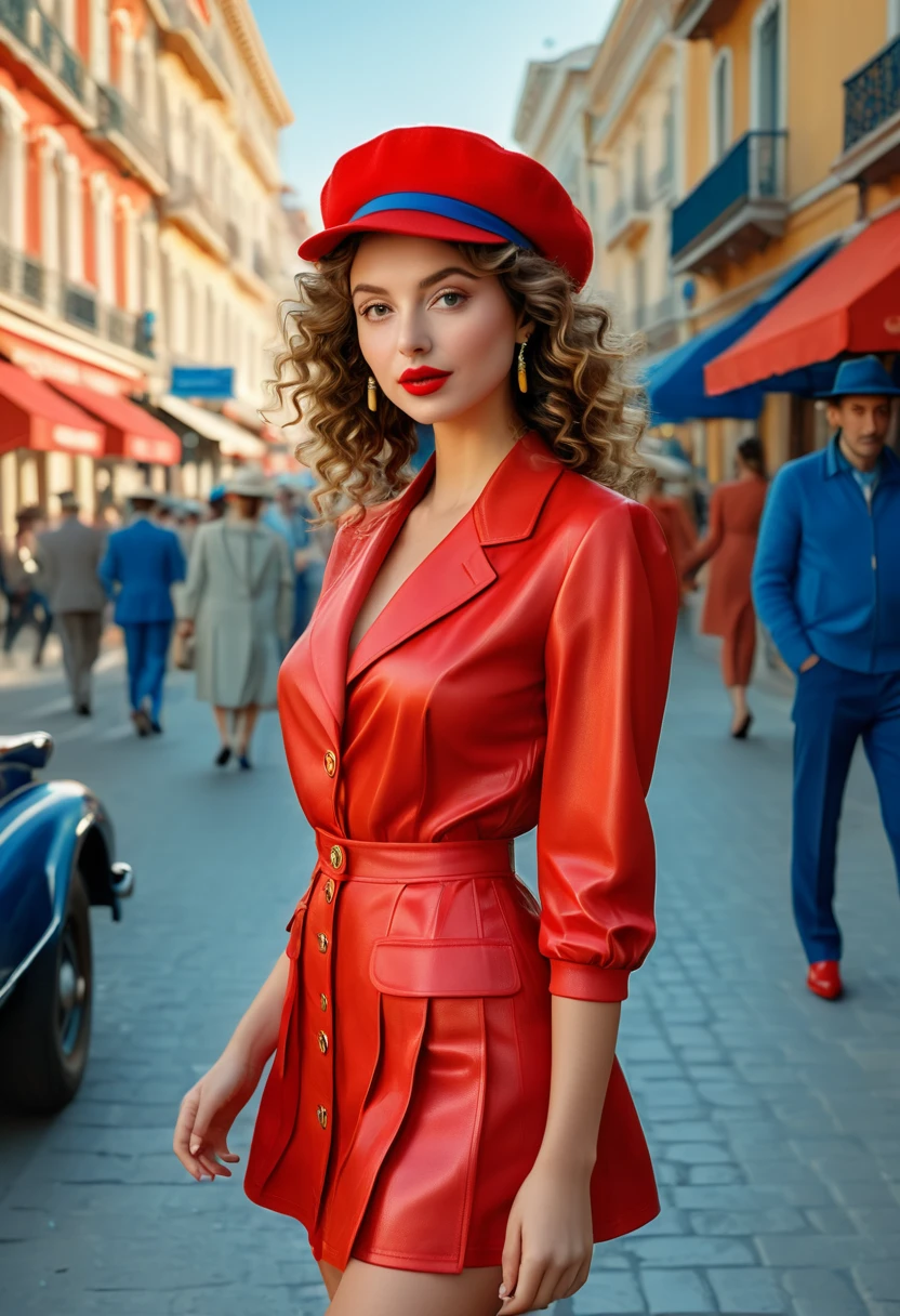 (best quality,4k,8k,highres,masterpiece:1.2),ultra-detailed,(realistic,photorealistic,photo-realistic:1.37),wes anderson style photo,35mm film,girl dressed in red with blue shoes and hat,golden light,serene faces,distinctive noses,cityscape photographer,curly hair,young. Masiela Lusha