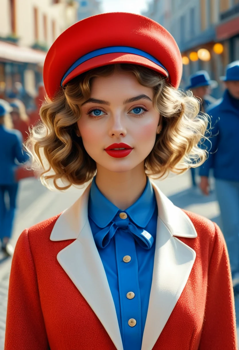 (best quality,4k,8k,highres,masterpiece:1.2),ultra-detailed,(realistic,photorealistic,photo-realistic:1.37),wes anderson style photo,35mm film,girl dressed in red with blue shoes and hat,golden light,serene faces,distinctive noses,cityscape photographer,curly hair,young. Masiela Lusha