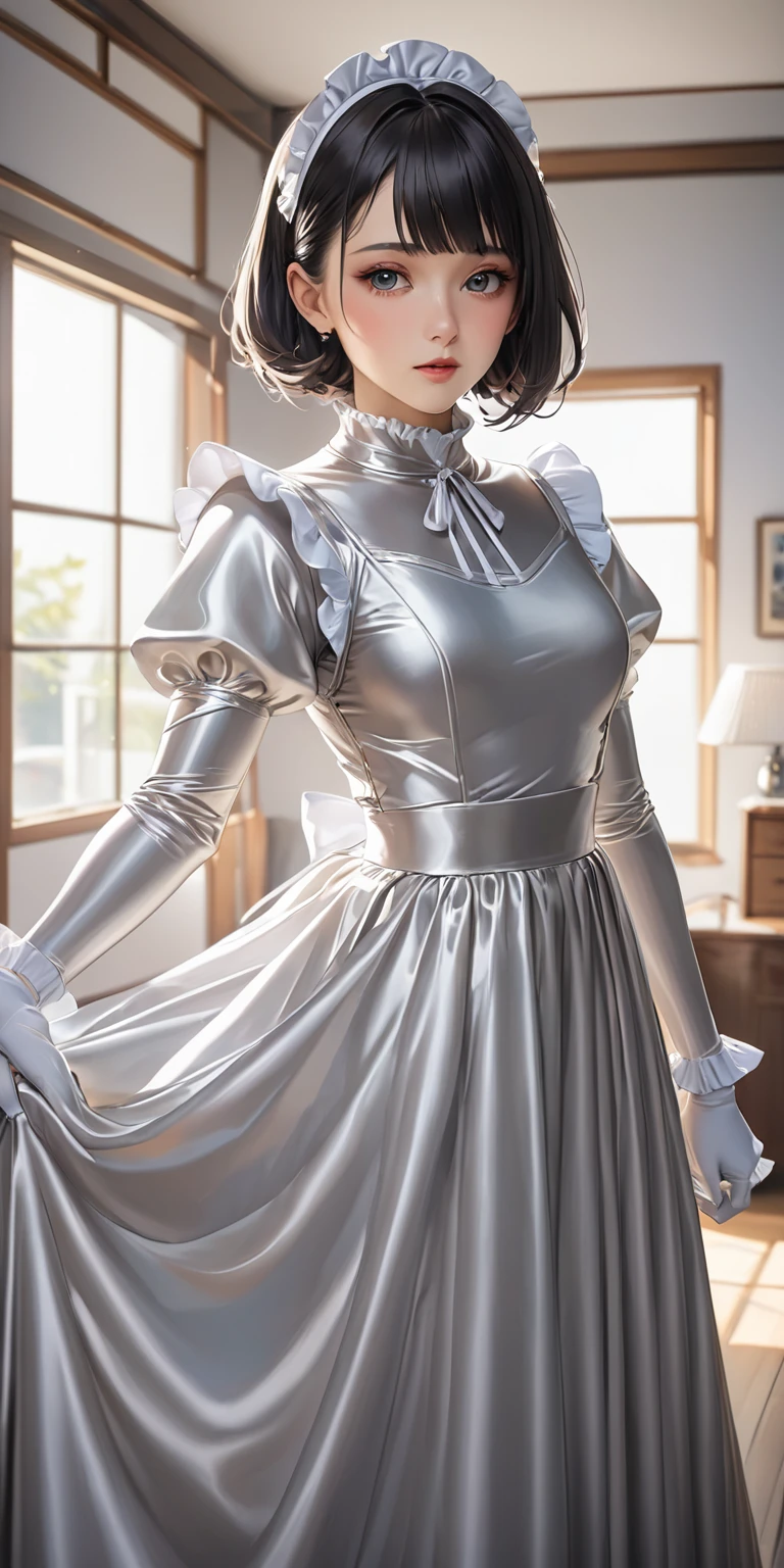 Portraiture、(masterpiece,Highest quality,Ultra-high resolution),Japanese women, (((Very beautiful 25 year old girl)))、Bob Hair、She is wearing a shiny light silver satin long sleeve maid outfit..、The dress has a simple design without any patterns...、The skirt is a long skirt with frills.、Satin Gloves、((Satin bodysuit))、Bright room