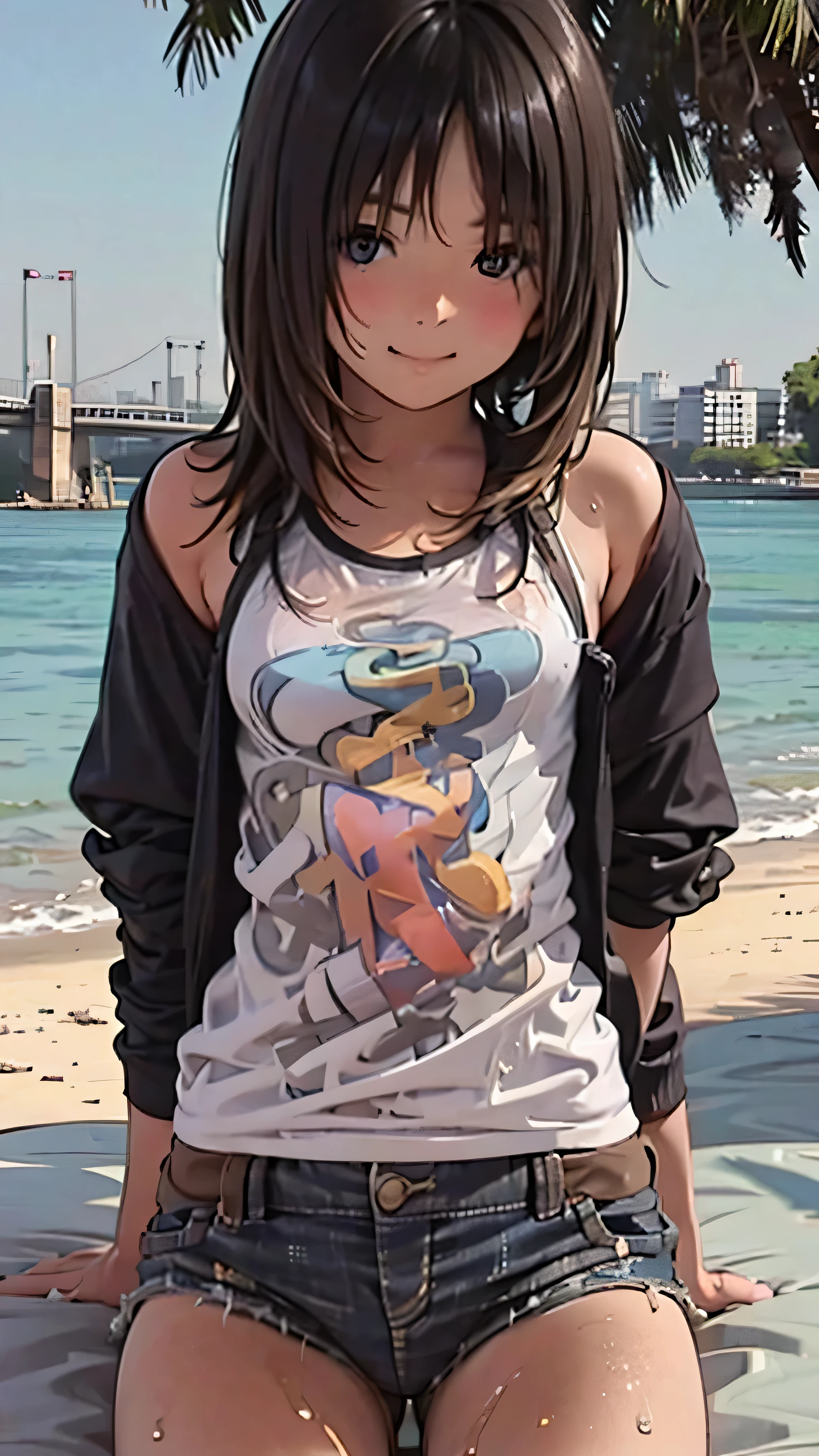 Official Art, wallpaper, Very detailed, (((Very detailedな目と顔))), Realistic portraits, (Highest quality, masterpiece, High resolution), (High resolutionスキン: 1.2), 8K  UHD, Backlight, Background Blur, smile, One woman, Woman in bikini sitting, Strong sunlight, A beach with a glittering blue water surface, In the distance, the European cityscape looks small and hazy., sunny, Summer sunshine, Wet Skin