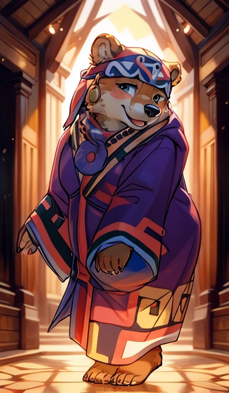 Brown Bear, human nature, Furry, miss, miss化的, Fur, detailed Fur,Ainu women in traditional clothing,Fair深藍色服飾,scarf, masterpiece, best quality, Digital art, (actual:0.3), cartoon, Detailed route, High resolution, visually stunning (detailed lighting, Depth of Field:0.9), detailed color, Bright colors create perfect hands, Detailed hands (Fair, Cute, Fluffy:1.2), detailed body, Perfect breasts, 1 girl, , Smile full of love,Hokkaido natural landscape, National costume, national totem