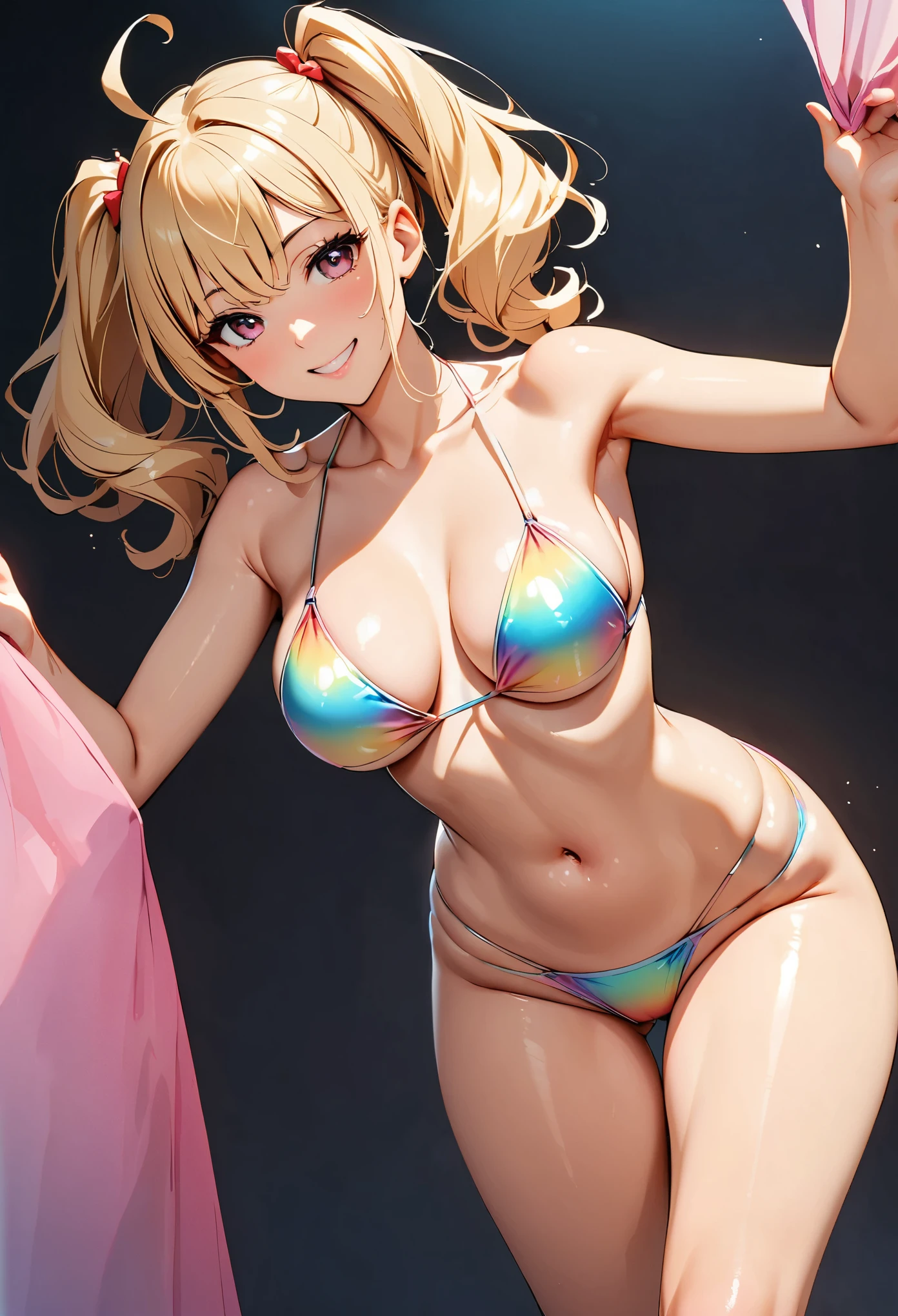 (Highest quality:1.2, Very detailed, Ultra-high resolution, masterpiece:1.2, Best aesthetics), Very detailedな肌, One Woman, (Blonde, High Twintails, Ahoge, Red eyes), Beautiful Eyes, Glossy Lips, Beautiful thighs, Slender body, ((smile)), (Shiny fabric, Rainbow Gradient Bikini:1.4), Perfect Fingers, Five Fingers, (Studio shot, Sexy shot), Background Blur,