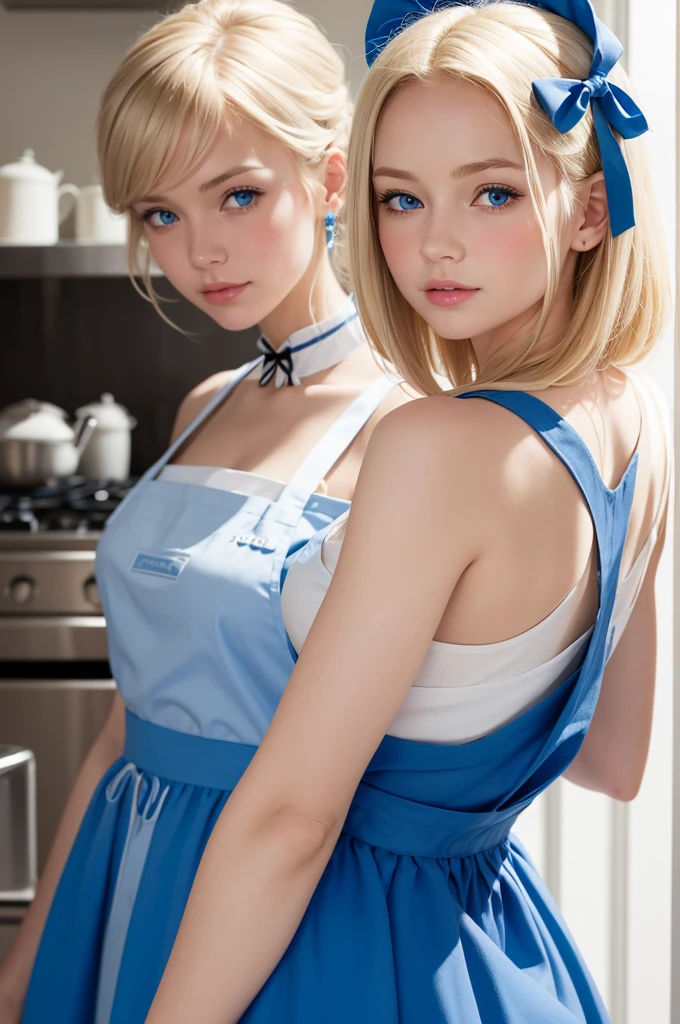 A blonde with blue eyes in a blue dress and a white apron and a blue bow in her hair
