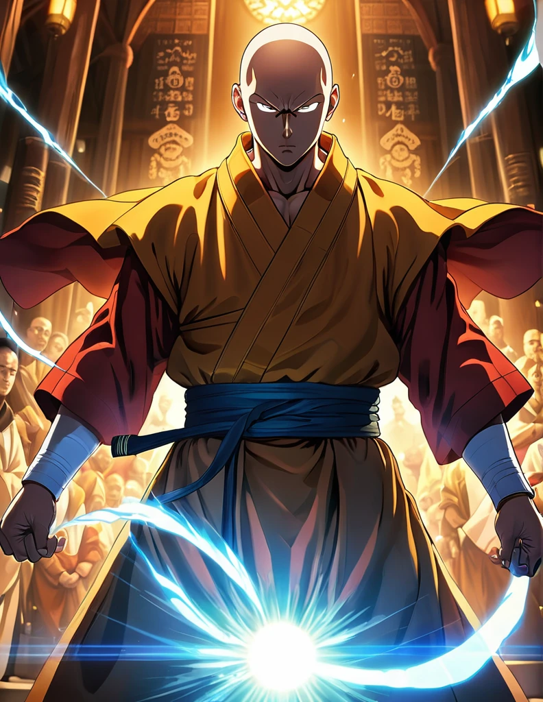 1 person, Japanese monk, Small, Round sunglasses,Hero of Justice, Thin stubble, Exorcising evil spirits, One Punch Man,Visual novel, Latest Eroge Style, Dutch Angle, Shadows in the movie, Cinema Lighting, Lens flare, Spectacular Scene, Extremely detailed, masterpiece, Highest quality