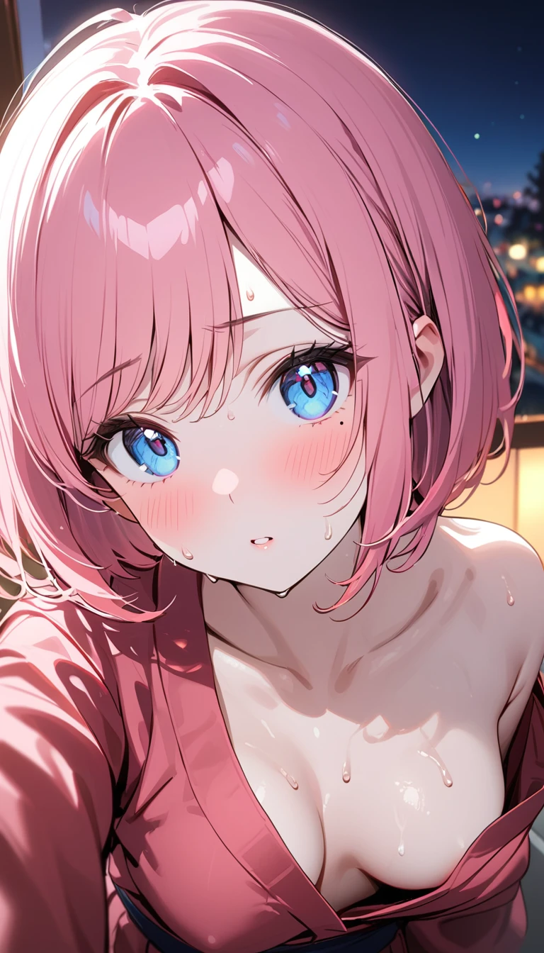 (1 girl),(Best Picture Quality, 8K, Masterpiece:1.3), (high school student:1.5), ((pink lob hair:1.1)), (bob cut),(swept bangs), (cute eyes, pupil black, iris skyblue, youthful face), (mole under right eye), (standard weight), (small breasts), (glistening skin:1.1),(pale skin:1.2),(hand on own nape),((yukata)),(portrait),((sweat:1.3)),(from above:1.2),(Nipple Slip),(night),