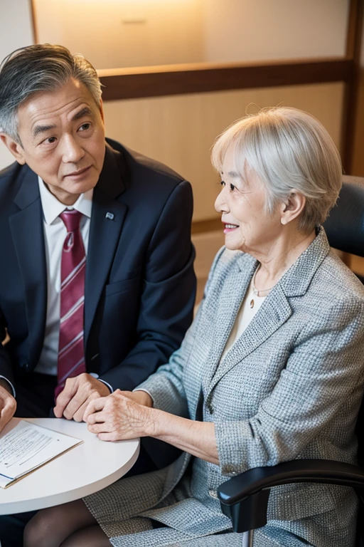 An insurance consultant wearing a suit in a conference room、An elderly Asian couple is sitting and giving an explanation。An elderly Asian couple looks impressed、Bright room。