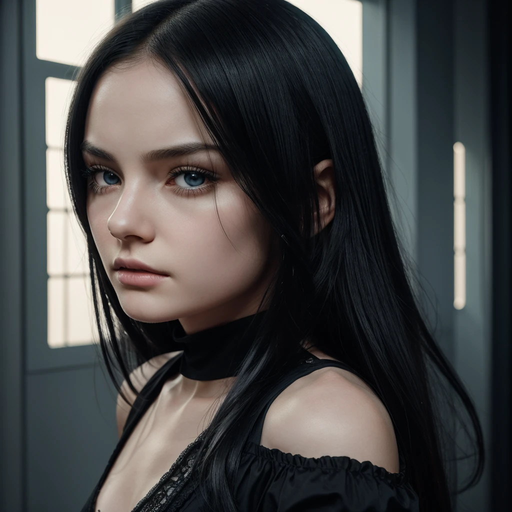 A girl with pale skin and long, straight black hair. large and dark eyes , with an intense and enigmatic expression. wearing the orphan movie clothe style, with a more elegant and sophisticated touch, something that matches her mysterious and strong personality. Overall, her appearance would be striking, attracting curious and intrigued looks. flat chested, cinematic lighting, chromatic aberration, backlighting, masterpiece, high details, high quality, 4K.