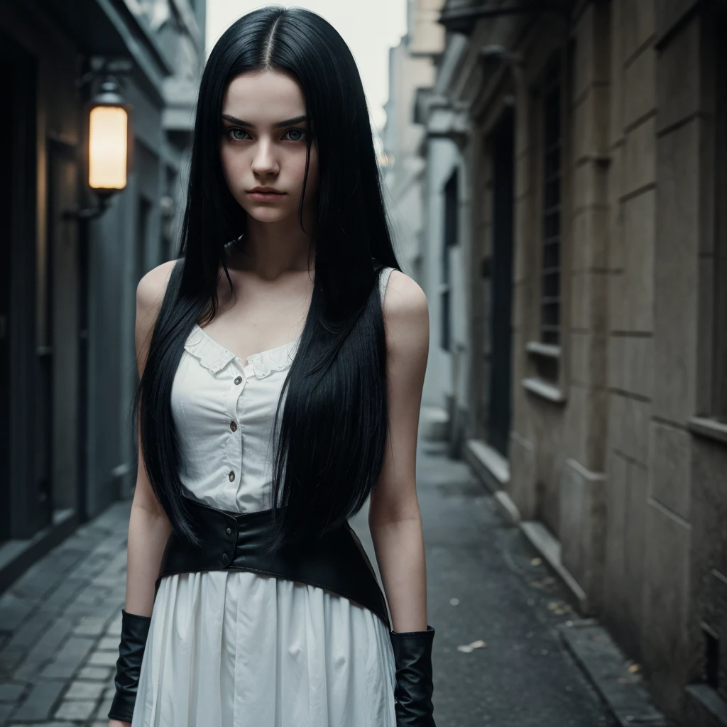 A  13 years old girl with pale skin and long, straight black hair. large and dark eyes , with an intense and enigmatic expression. wearing the orphan movie clothe style, with a more elegant and sophisticated touch, something that matches her mysterious and strong personality. Overall, her appearance would be striking, attracting curious and intrigued looks. flat chested, cinematic lighting, chromatic aberration, backlighting, masterpiece, high details, high quality, 4K.