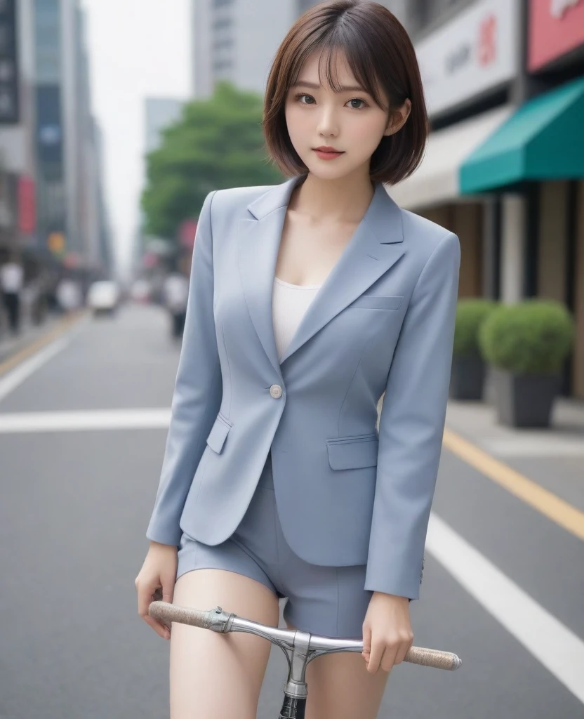 8k, photo realistic, Scores 9, 8, 7, 6, medium closeup, detailed, very sharp, vivid, solo, biking through Tokyo street, jacket, high heel, long legs, beautiful eyes, office suits, basket, (((riding bicycle))), bicycle, short hair, front view, low angle, going fast,  depth of field, beautiful breasts, slender,  the most beautiful woman, double eyelid, cute japanese woman, 25 yo, strong wind, slim beautiful legs, sexy pantie stocking, foot on pedal