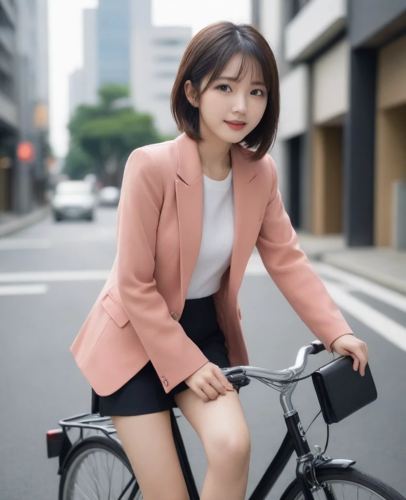 8k, photo realistic, Scores 9, 8, 7, 6, medium closeup, detailed, very sharp, vivid, solo, biking through Tokyo street, jacket, high heel, long legs, beautiful eyes, office suits, basket, (((riding bicycle))), bicycle, short hair, front view, low angle, going fast, depth of field, beautiful breasts, slender, the most beautiful woman, double eyelid, cute japanese woman, 25 yo, strong wind, slim beautiful legs, sexy pantie stocking, foot on pedal