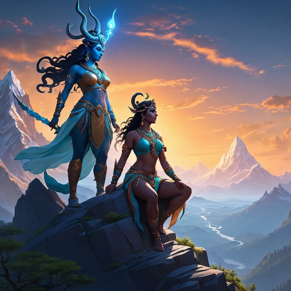 Shiva and Sati on mountain background, masterpiece, best quality, (extremely detailed CG unity 8k wallpaper), (best quality), (best illustration), (best shadow), absurd, realistic lighting, (Abyss), beautiful detailed glow, art by PeterMohrBacher,