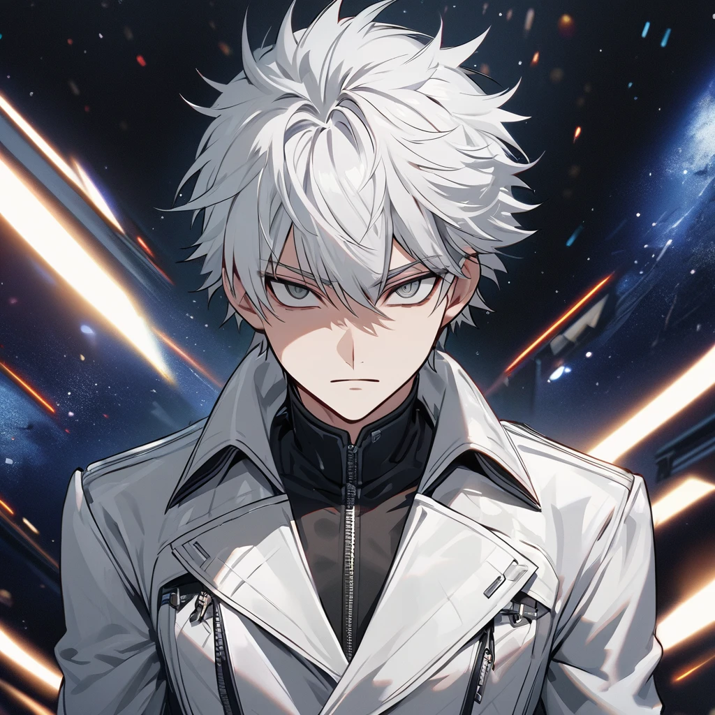 High quality, HD, 4k, no shadows, handsome male, 1male, 17 years old, teenager, short white hair, silver hair, white hair, sharp eyes, dark grey colored eyes, deep grey eyes, grey eyes, devil may cry, close up, calm expression, stoic expression, black leather clothes, white leather clothing, lean body, well trained body, upper body, looking at viewer, cowboy shot, white solar, space background