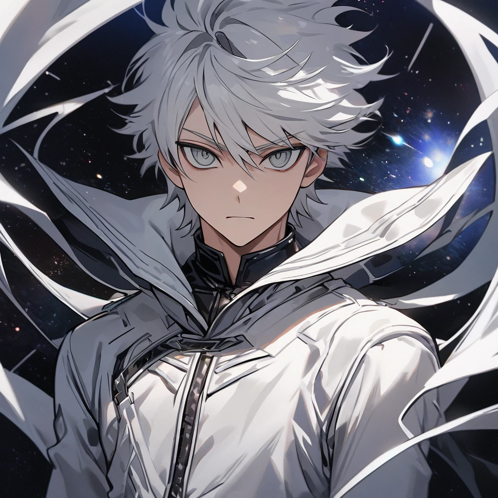 High quality, HD, 4k, no shadows, handsome male, 1male, , teenager, shwhite hair, silver hair, white hair, sharp eyes, dark grey colored eyes, deep grey eyes, grey eyes, devil may cry, close up, calm expression, stoic expression, black leather clothes, white leather clothing, lean body, well trained body, upper body, looking at viewer, cowboy shot, white solar, space background