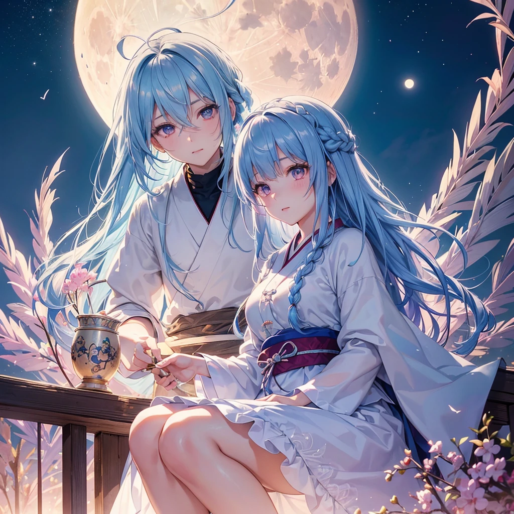 Sky blue hair, (Braided medium hair:1.2), Pink eyes,Fair skin ,(whole body),(One Girl),Tsukimi,(White sweet dumplings ),White round dumplings,Japanese pampas grass,(beautiful, Full moon shining in the night sky),(masterpiece, Highest quality, Very detailed, Best Shadow), (Detailed Background), (Beautifully detailed face), High Contrast, (Best lighting, Very delicate and beautiful), ((Cinematic Light)), colorful, Hyper Detail,8k, Dramatic Light, Intricate details,Sit and eat dumplings while watching the moon,mysterious