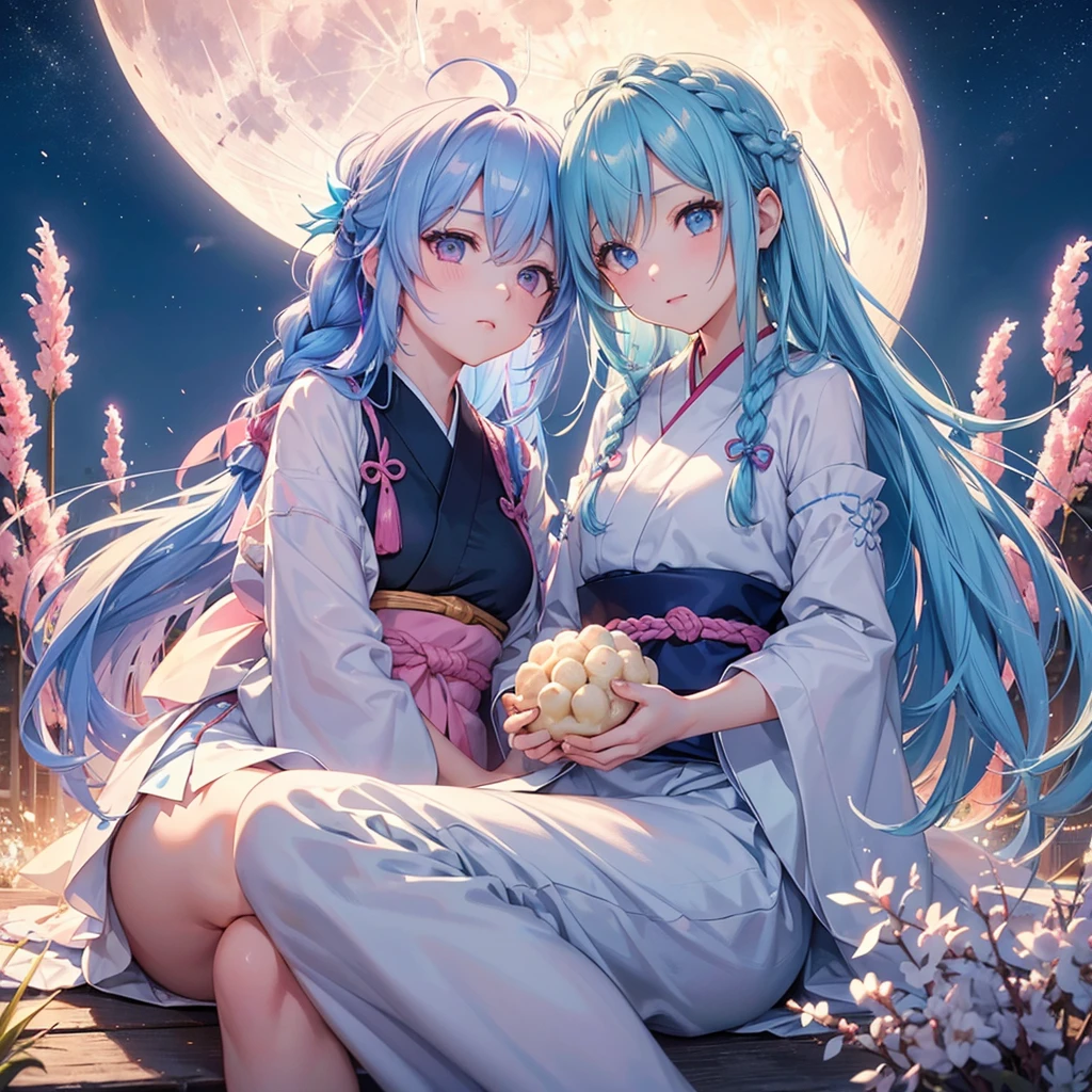Sky blue hair, (Braided medium hair:1.2), Pink eyes,Fair skin ,(whole body),(One Girl),Tsukimi,(White sweet dumplings ),White round dumplings,Japanese pampas grass,(beautiful, Full moon shining in the night sky),(masterpiece, Highest quality, Very detailed, Best Shadow), (Detailed Background), (Beautifully detailed face), High Contrast, (Best lighting, Very delicate and beautiful), ((Cinematic Light)), colorful, Hyper Detail,8k, Dramatic Light, Intricate details,Sit and eat dumplings while watching the moon,mysterious