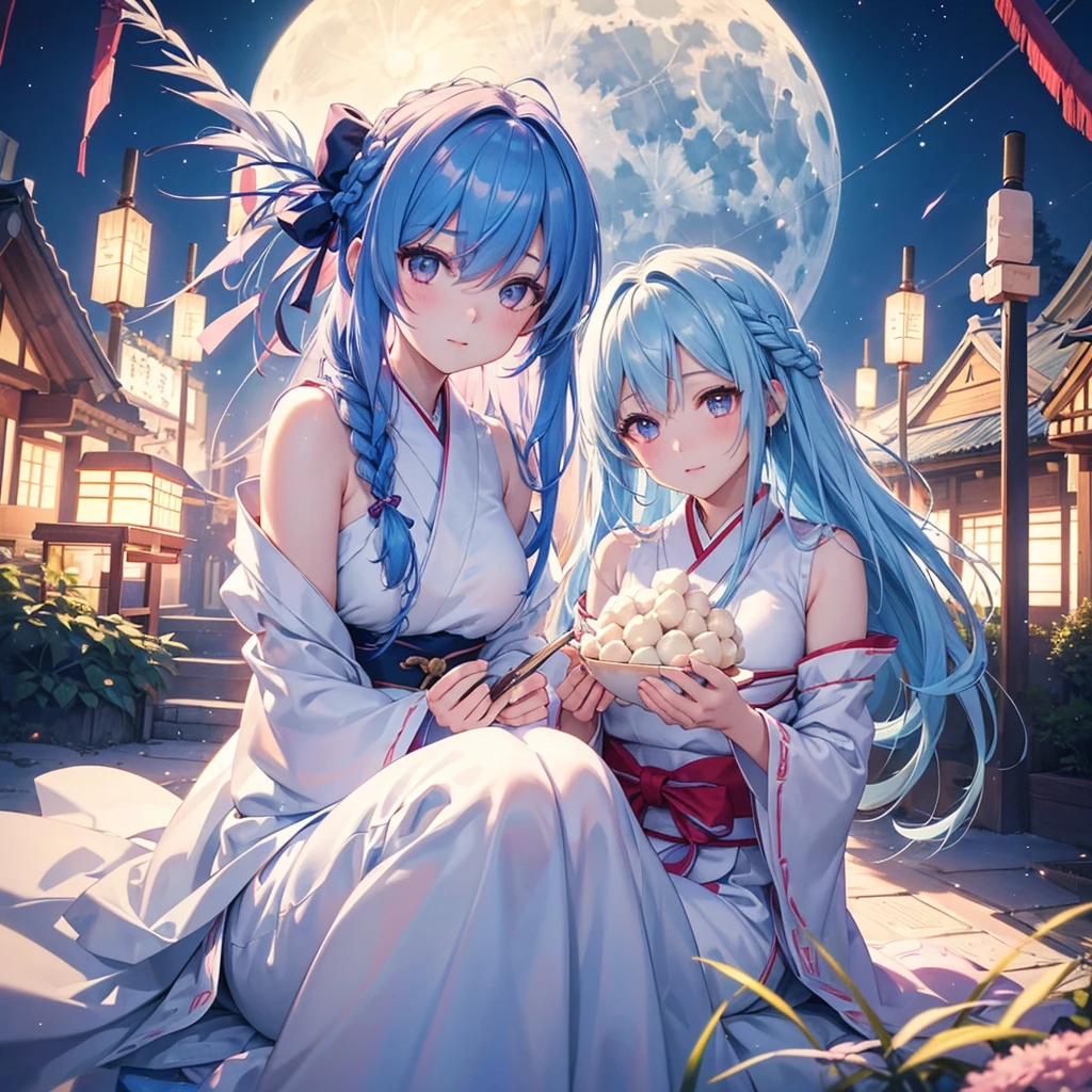 Sky blue hair, (Braided medium hair:1.2), Pink eyes,Fair skin ,(whole body),(One Girl),Tsukimi,(White sweet dumplings ),White round dumplings,Japanese pampas grass,(beautiful, Full moon shining in the night sky),(masterpiece, Highest quality, Very detailed, Best Shadow), (Detailed Background), (Beautifully detailed face), High Contrast, (Best lighting, Very delicate and beautiful), ((Cinematic Light)), colorful, Hyper Detail,8k, Dramatic Light, Intricate details,Sit and eat dumplings while watching the moon,mysterious