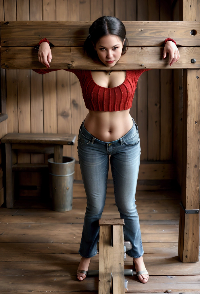 Middle age, (Woman in red crop top sweater), low rise jean, showing navel, (((pillory))), beautiful belly, caning in buttstock