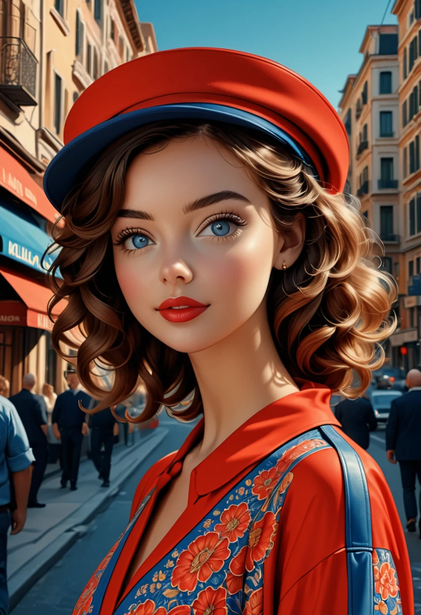 (best quality,4k,8k,highres,masterpiece:1.2),ultra-detailed,(realistic,photorealistic,photo-realistic:1.37),wes anderson style photo,35mm film,girl dressed in red with blue shoes and hat,golden light,serene faces,distinctive noses,cityscape photographer,curly hair,young. Masiela Lusha