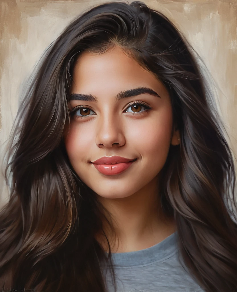 Portrait a beautiful Latina girl, 19 years old, soft smiling, large lips, long dark hair, hazel eyes, realism, digital painting, Art conceptuel, smooth, sharpness, Rule of thirds, 35 mm