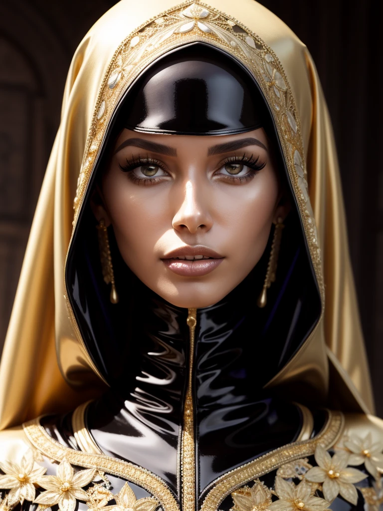 gorgeous trans woman, professional, (4k photo) by (Jeremy Lipking:0.3), (Dittmann Anna:0.3), (Arian Mark:0.3), (Sharp focus:1.3), (beautiful woman:1.3), wearing (latex hijab, latex abaya with intricate gold details:1.2), perfect make-up, striking, mesmerizing eyes, beautiful detailed face, full lips.praying on knees in an arabian medieval marketplace in front of a mistress