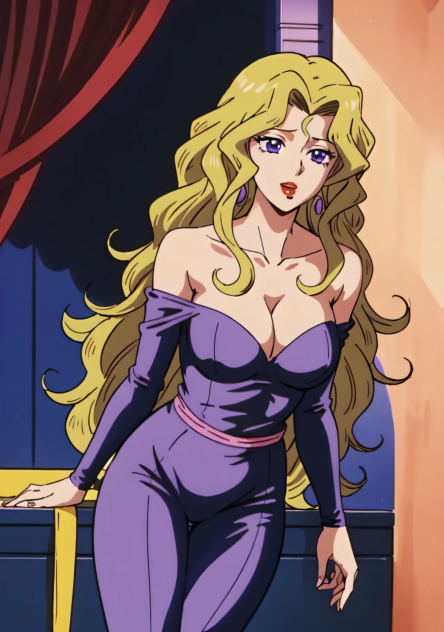 masterpiece、Highest quality、Anime Women、solo、Watching the audience、laugh at、Long Hair、bionde、eyelash、lipstick、Purple Eyes、Wavy Hair、Big Breasts、A woman with very large breasts、collarbone、Purple bodysuit、Off the shoulder、Long sleeve、Pink sash、