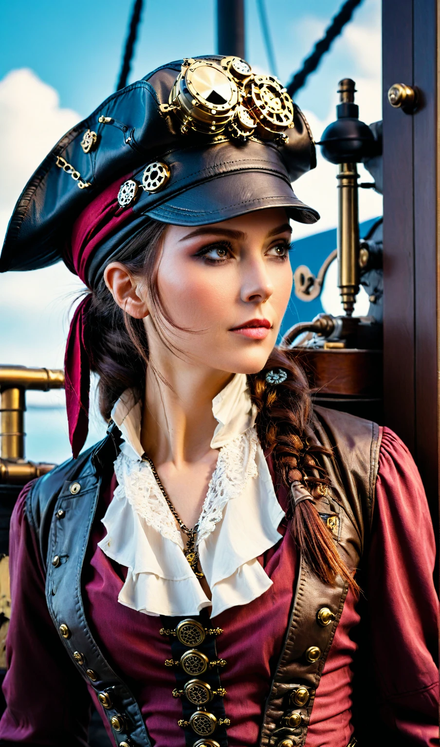 Cinematic scene,portrait of a female steampunk pirate captain,detailed background,masterpiece,best quality,high quality,absurdres,colorful,vivid,