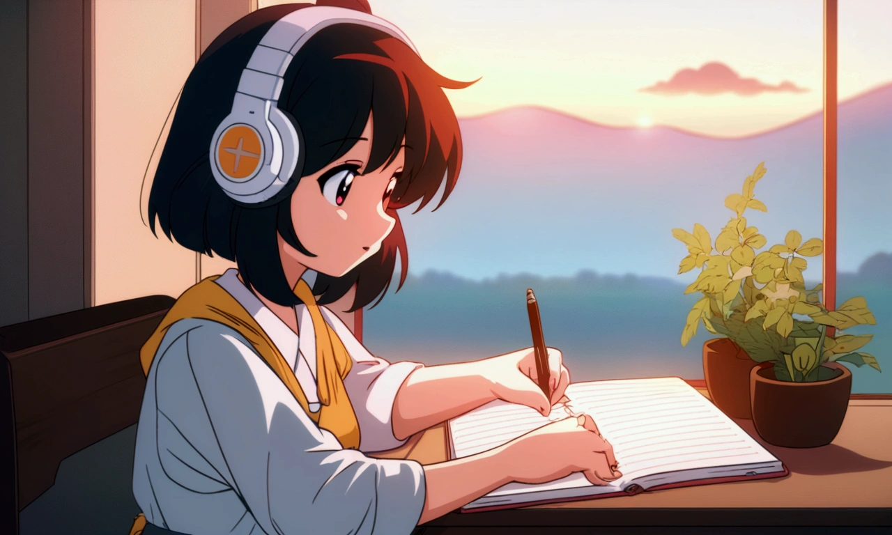 Anime girl wearing headphones and writing in a notebook, lo-fi girl, Anime atmosphere, Lofi Artstyle, Anime Style 4k, Anime aesthetics, Nightcore, Lo-fi feel, Lofi Art, anime art wallpaper 4k, anime art wallpaper 4k, anime wallpaper 4k, anime wallpaper 4k, An atmosphere of praise, Kaisei and Artgelm