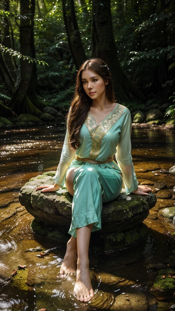 Create 64k photos of a tranquil forest scene at dusk. The forest is bathed in soft, gentle light. There are tall ancient trees. The leaves have a sparkling emerald green color. Low angle portrait. A young woman with a beautiful Thai-Chinese face. ((sexly))  White skin, long brown hair Slim,  figure, wearing a pastel pink shirt., white shorts, not wearing shoes She sat gracefully beside the stream. Behind the quiet forest backdrop at dusk The forest was bathed in soft, gentle light. There were tall ancient trees with shimmering leaves. The glitter is emerald green and gold. A stream meanders through forest mildly
