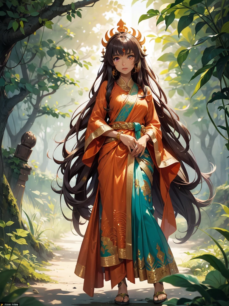 A Sanatani Hindu young woman in vibrant orange Sanatani sari, standing in the midst of a mystical forest, with a towering, intricately-carved Hindu temple emerging from the foliage behind her, the scene delivered in an engaging anime