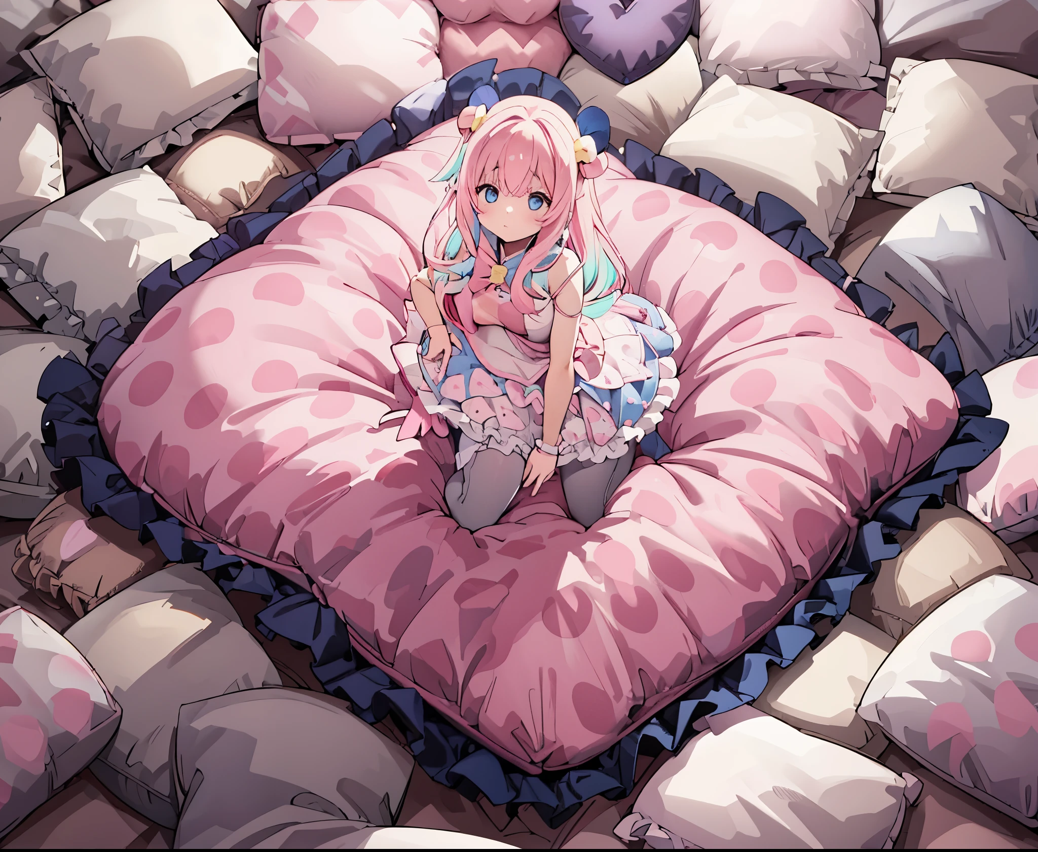 （best quality， masterpiece），full body, 1 girl, solo, mine ,nsfw, details, (Light and shadow oxtail , Cute girl posing on pillow ，standing on pillow，，（pillow), large pillow, (((colorful))), color correction, pink hair, frilled pillow,pink pillow, (((pink polkadot pillow))), (((blue uniform))), (((white skirt))), stocking, brown shoes, hugging pillow, 1 pillow