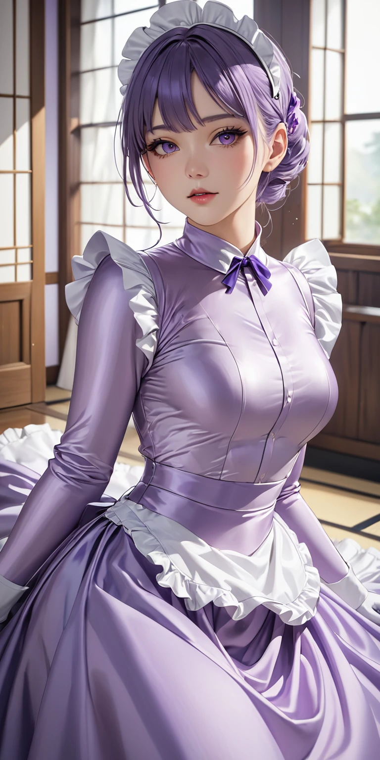 Portraiture、(masterpiece,Highest quality,Ultra-high resolution),Japanese women, (((Very beautiful 25 year old girl)))、She is wearing a shiny pale lavender satin long sleeve maid outfit..、The dress has a simple design without any patterns...、The skirt is a long skirt with frills.、Satin Gloves、((Satin bodysuit))、Bright room
