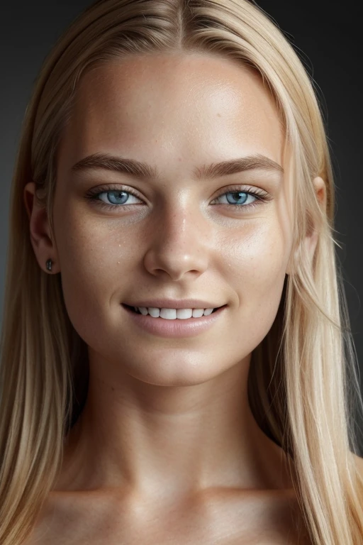 full portrait of a young Norwegian woman, smiling, skin pores, dramatic lighting, ambient occlusion, high level of detail, intricate skin details, skin imperfections, beautiful face and fascinating eyes, sharp details, hyper realistic, sharp focus, perfect detailed anatomy, perfect detailed face, perfect details, eyes, octane rendering, 8k, masterpiece, maximum quality.