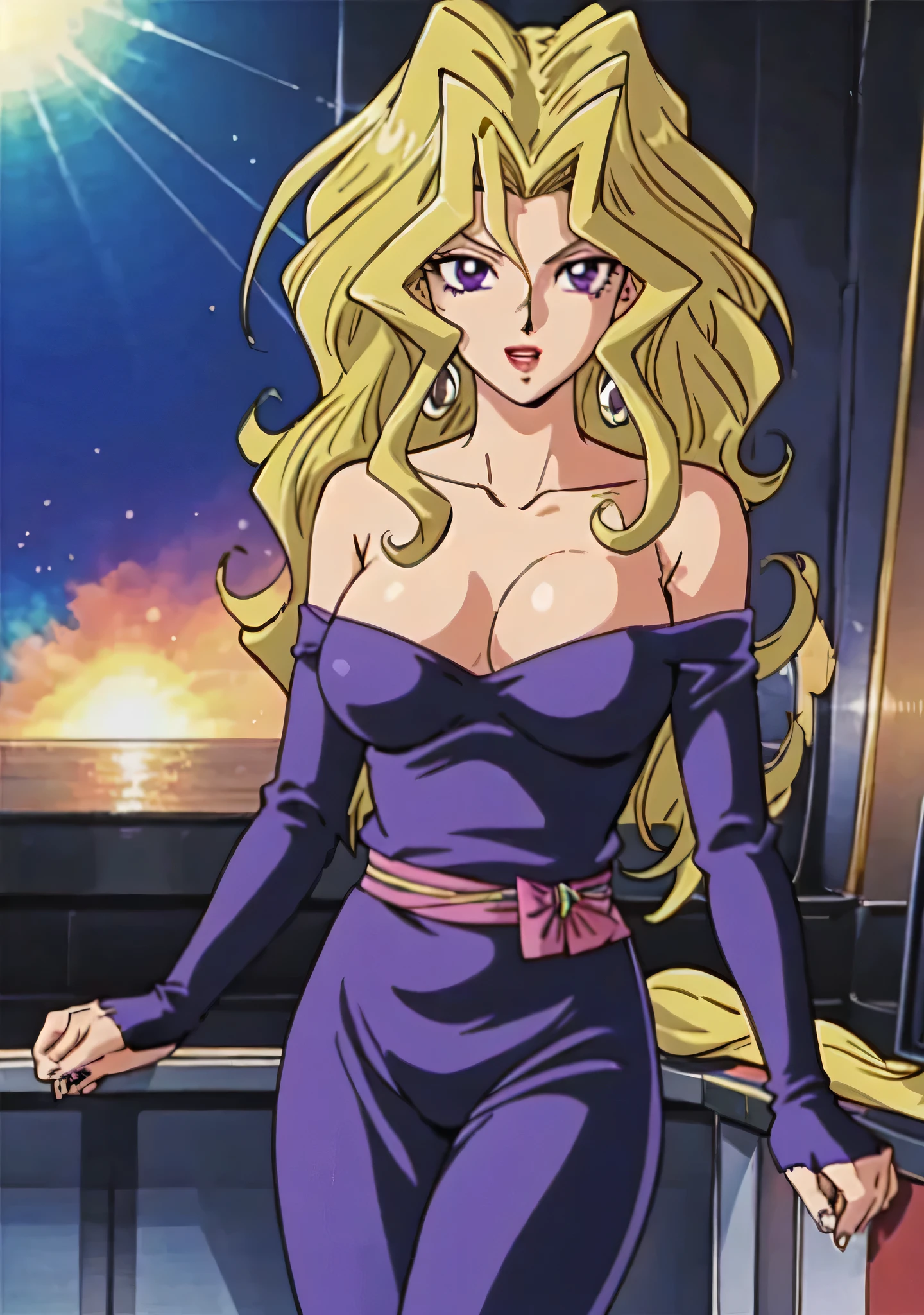 masterpiece、Highest quality、Anime Women、solo、Watching the audience、laugh at、Long Hair、bionde、eyelash、lipstick、Purple Eyes、Wavy Hair、Big Breasts、A woman with very large breasts、collarbone、Purple bodysuit、Off the shoulder、Long sleeve、Pink sash、