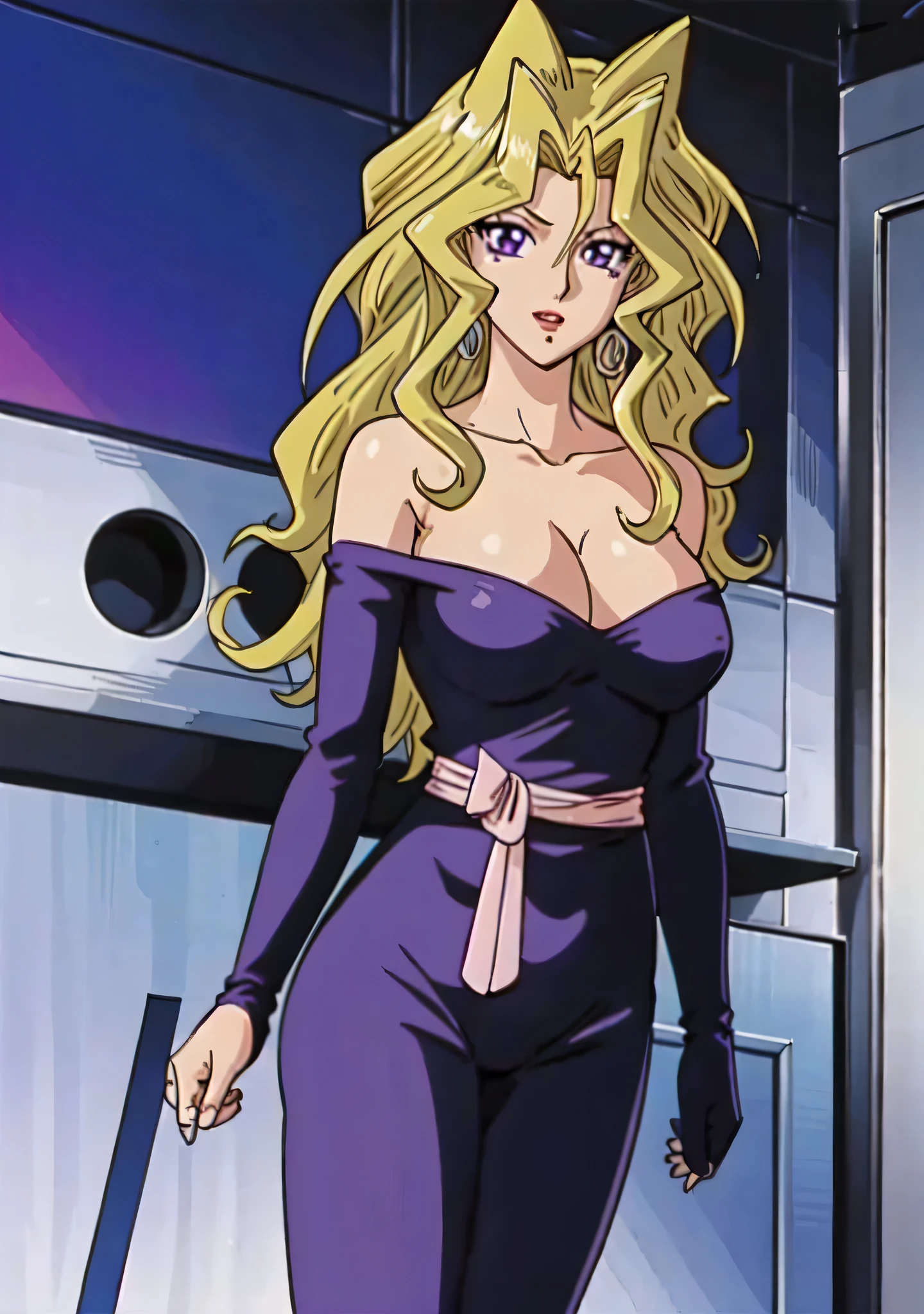 masterpiece、Highest quality、Anime Women、solo、Watching the audience、laugh at、Long Hair、bionde、eyelash、lipstick、Purple Eyes、Wavy Hair、Big Breasts、A woman with very large breasts、collarbone、Purple bodysuit、Off the shoulder、Long sleeve、Pink sash、